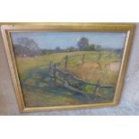 Septimus Edwin Scott Oil on Board "Derbyshire" depicting cattle in fence lined field, signed,