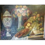 Cop Robby Still Life of fruit, lobster, floral vase and duck etc, signed, framed,