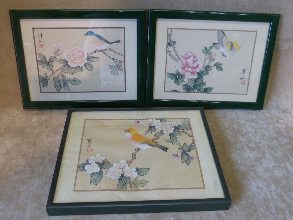 3 x Oriental Small Silk Pictures depicting birds, in green frames,