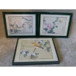 3 x Oriental Small Silk Pictures depicting birds, in green frames,