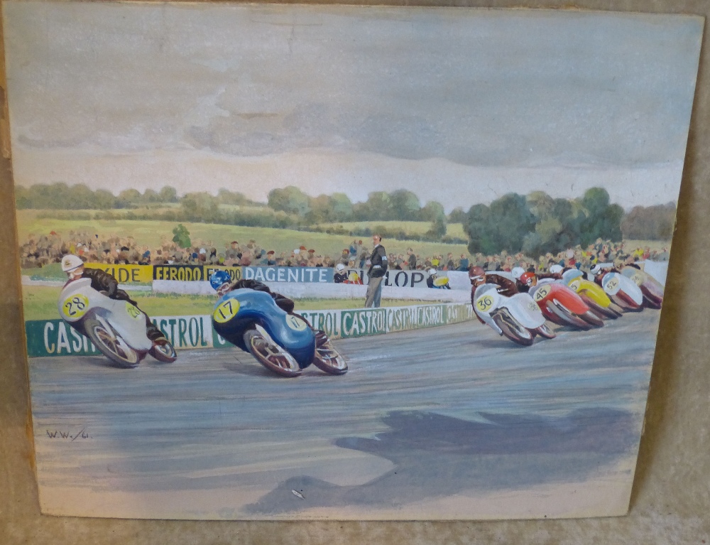 A Watercolour depicting motorcycle Race initialled WW and dated 61, unframed,