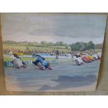 A Watercolour depicting motorcycle Race initialled WW and dated 61, unframed,