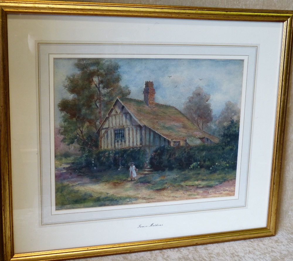 James Mathews, Watercolour depicting young girl outside cottage, signed in gilt frame,