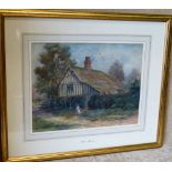 James Mathews, Watercolour depicting young girl outside cottage, signed in gilt frame,