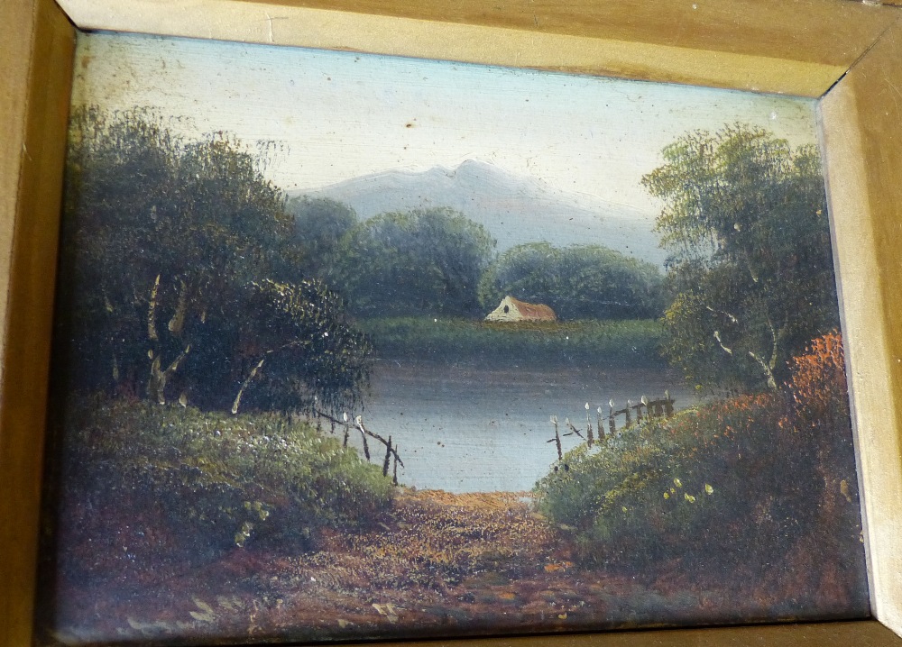 A Pair Oil on Cards depicting cottages in woodland on riverbank in gilt frames, 13. - Image 2 of 4