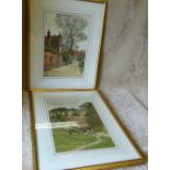 Cyril Ward Pair of Watercolours depicting figures outside thatched cottage and figures in street