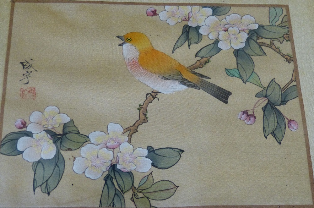 3 x Oriental Small Silk Pictures depicting birds, in green frames, - Image 4 of 4