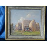 N Haslewood Oil on Canvas depicting hay stacks and cart,