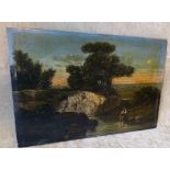 A 19th Century Small Oil on Oak Panel depicting a figure fishing with open landscape behind,