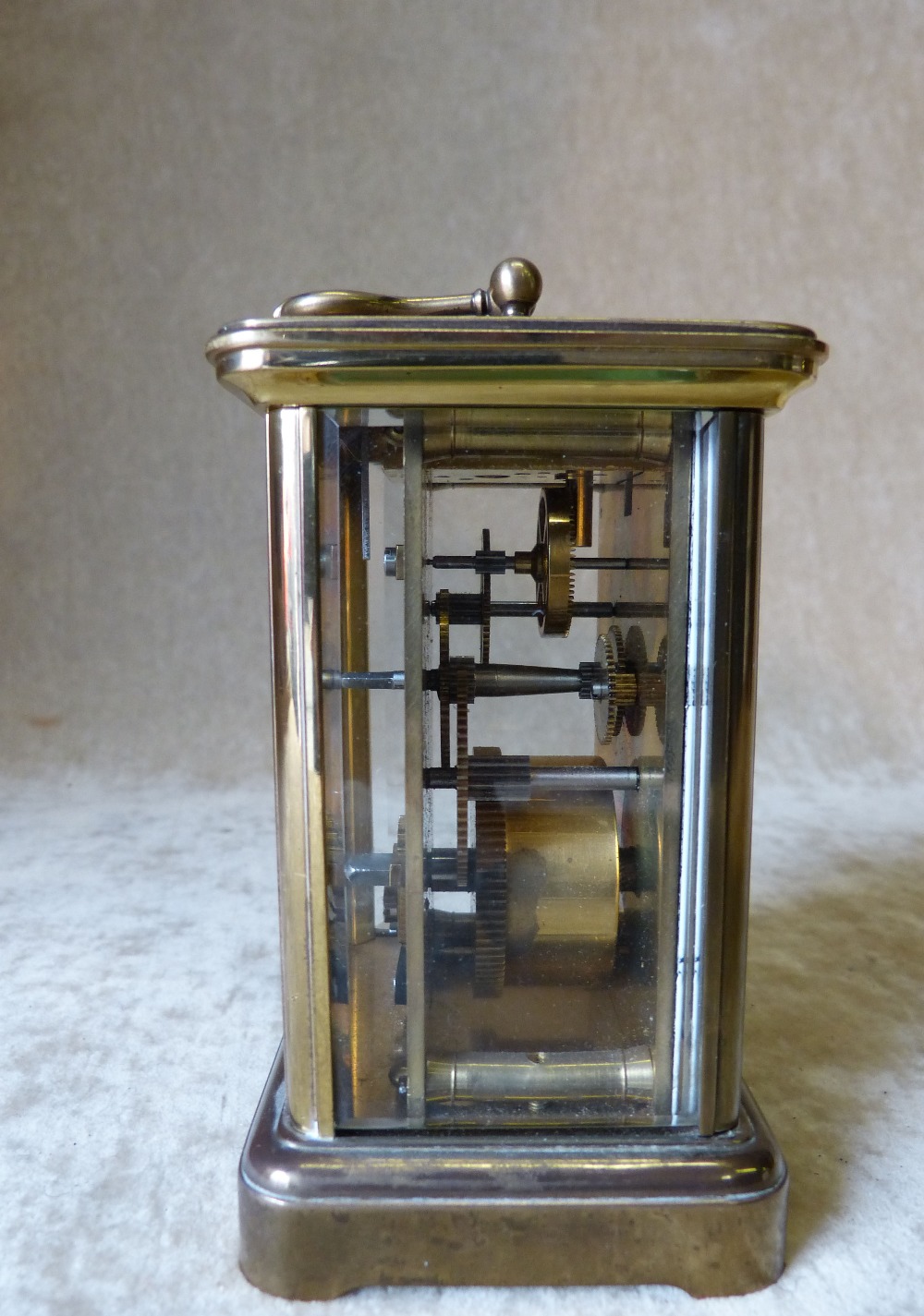 A Brass Carriage Clock having white enamel dial, Roman numerals with swing overhead handle, - Image 2 of 5