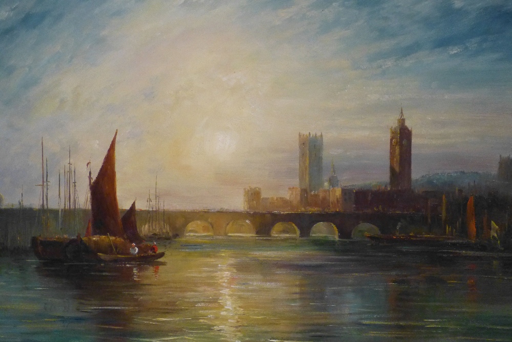 Thomas Lancaster Modern Oil on Canvas Figures and Boats on Thames with arched bridge and Houses of - Image 2 of 4