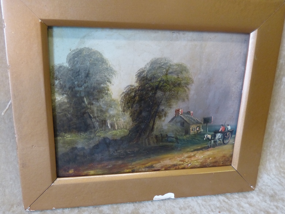 A Small 19th Century Oil on Board figures in horse drawn cart with building and tree in background,