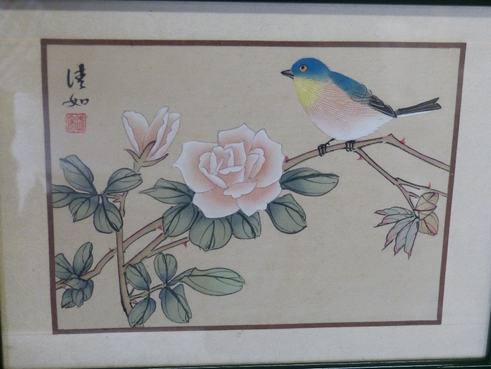 3 x Oriental Small Silk Pictures depicting birds, in green frames, - Image 2 of 4