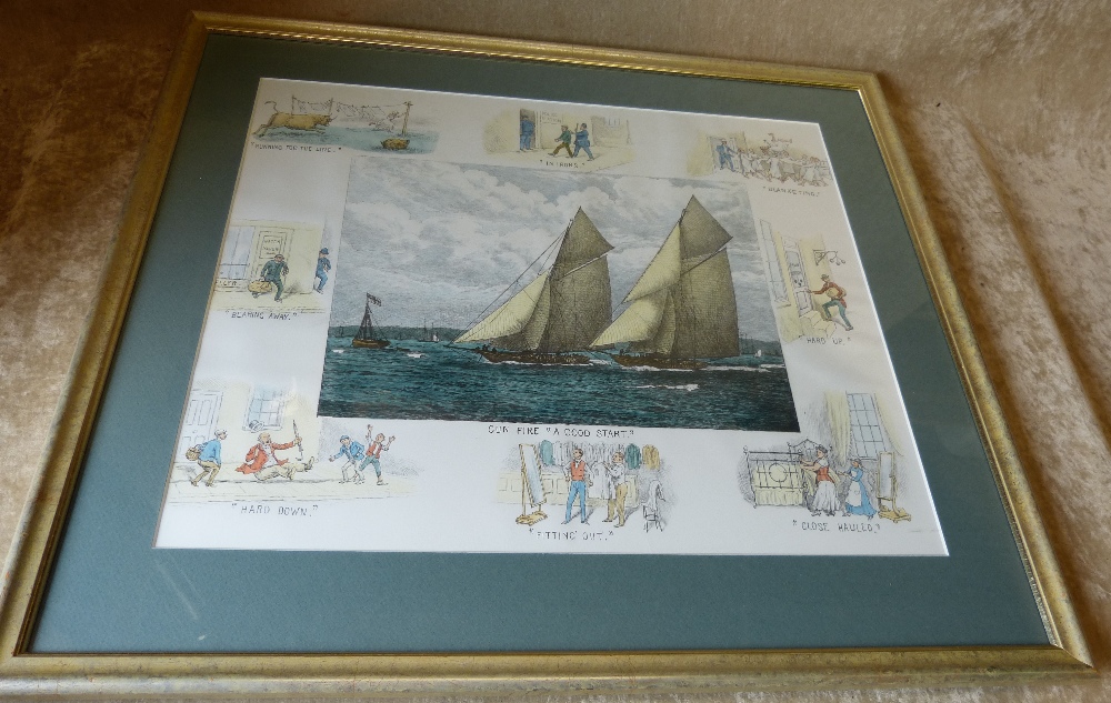 A Modern Coloured Marine Print surrounded by humorous scenes in gilt frame,