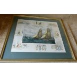 A Modern Coloured Marine Print surrounded by humorous scenes in gilt frame,