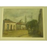 Peggy Barboure Oil on Board "African Market Behind the Mosque" signed in white painted frame, 32.