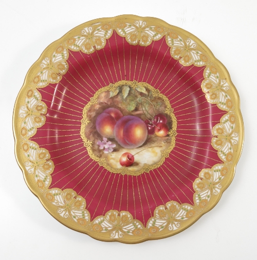 A Royal Worcester cabinet plate, hand painted with fruit to a mossy background, by W Bee, - Image 2 of 2