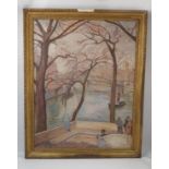 Jean Marchand, oil on canvas, La Cite aux Printemps, river landscape with figures,