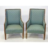 A pair of Edwardian mahogany armchairs, with satinwood and boxwood line inlay,