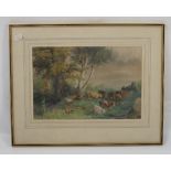 A 19th century school, watercolour, landscape with shepherd, sheep and cows in a clearing,