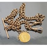 A 9ct gold watch chain, of uniform solid curb links, with two swivels and a T bar, length 38cm,