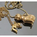 A 9ct gold model of a cat, with articulated head and tail, on a box link chain,