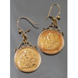 A pair of 1982 half sovereign, in earring mounts,