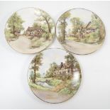 Three Royal Worcester printed painted wall plates, Wick, Fladbury and Elmley, circa 1952 and 1959,