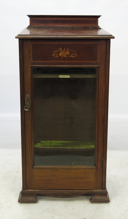 A late 19th century Edwardian mahogany music cabinet, with satinwood and box inline inlay,