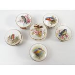 Five Royal Worcester circular covered boxes, hand painted with English birds on branches,