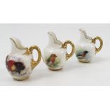 Three miniature Royal Worcester flat back jugs,