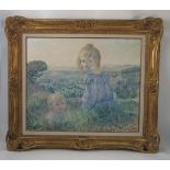 Gustav Pierre, oil on canvas, Enfants dans L'Herbe, two children sat in a field of herbs, 23.