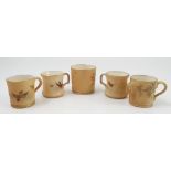 Four Grainger & Co Worcester blush ivory miniature mugs, three decorated with birds in flight,