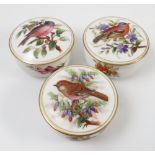 Three Royal Worcester circular covered boxes, hand painted with English birds and foliage,