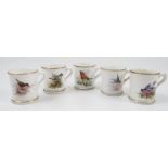 Five Royal Worcester miniature mugs, all decorated with different English birds on branches,