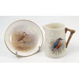 A Royal Worcester barrel moulded jug, hand painted with a kingfisher by W Powell, dated 1938,