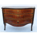 A continental commode, of serpentine outline, having satinwood and rosewood parquetry to top,