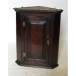 A 19th century oak corner cupboard, with fielded panelled door below the dentil cornice,