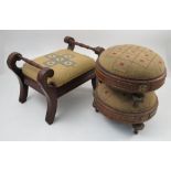 A pair of 19th century walnut veneered circular foot stools, with tapestry domed tops,