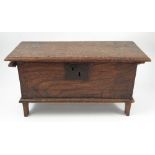 A 19th century miniature elm coffer, having a plain rising lid, raised on short bracket feet,