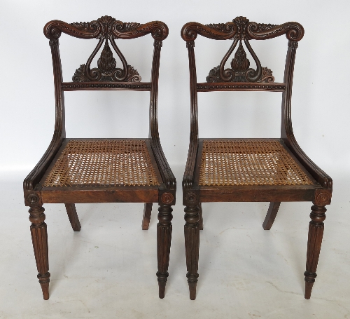 A pair of rosewood Regency style chairs, with lyre shaped splats,