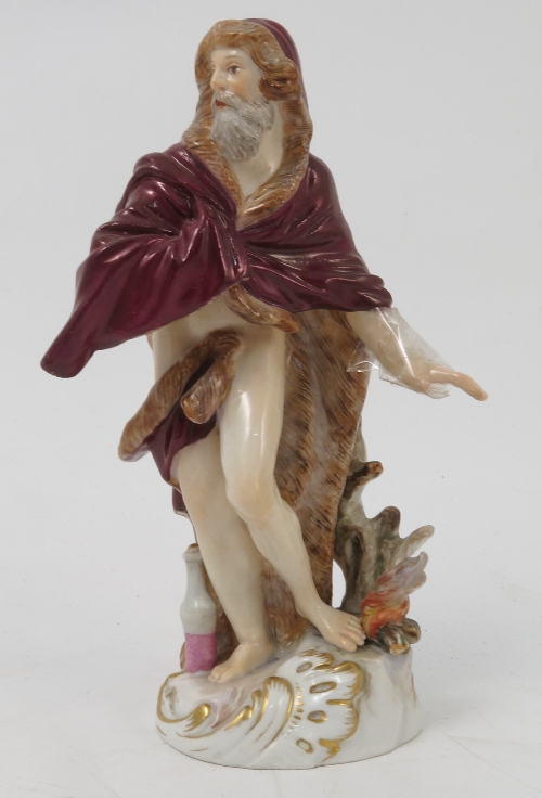 A Meissen figure, emblematic of Winter, of a bearded man wearing a fur lined clock by a fire, - Image 2 of 16