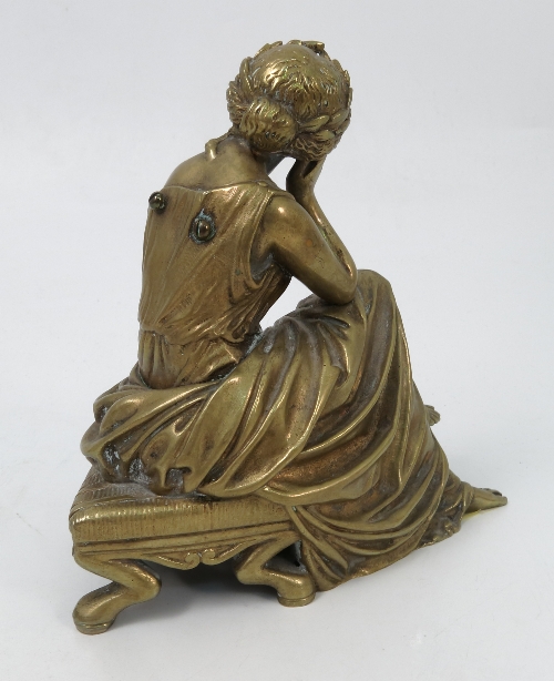 A gilt metal figure, of a seated classical female with lyre, signed Halcros?, height 5. - Image 3 of 3