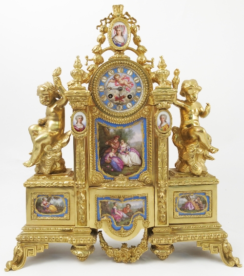 A 19th century ormolu and Sevres mantel clock, the back plate inscribed Japy Freres,