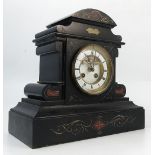 A Victorian black slate striking mantel clock, the enamel and gilt dial with escapement,