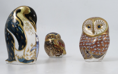 Three Royal Crown Derby paperweights, two modelled as owls, the other as a penguin,