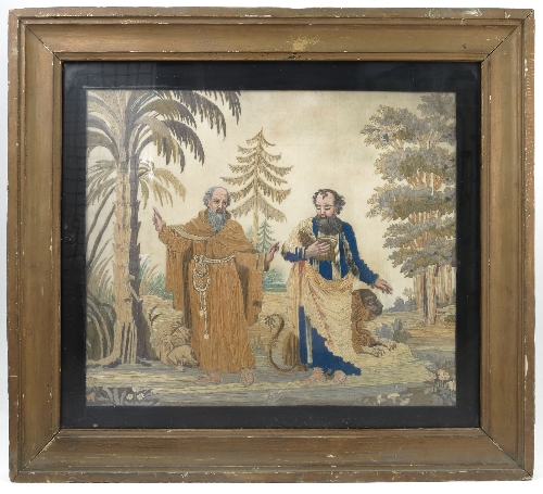 A 19th century tapestry picture, of two religious figures with animals in landscape, 18ins x 20.