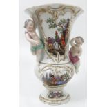 A Meissen porcelain vase, decorated with reserve panels of figures in period dress in landscape,