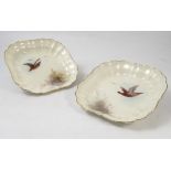 A pair of Royal Worcester square dishes, painted with different game birds in flight by Jas Stinton,