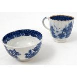 An 18th century Worcester tea bowl, decorated in blue and white with an Oriental landscape, af,